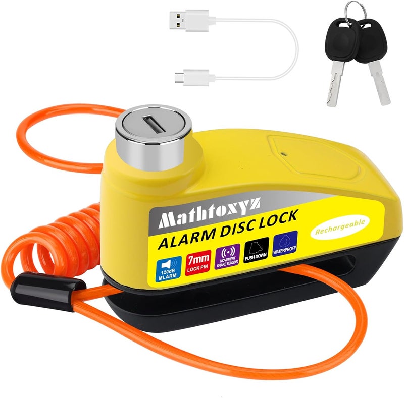 Mathtoxyz Motorcycle Lock Rechargeable, 120dB Alarm Disc Brake Locks Anti-Theft Security Wheel Disc Lock Waterproof with 5ft Reminder Cable and Carry Pouch for Motorbike Bike Scooter - Image 1